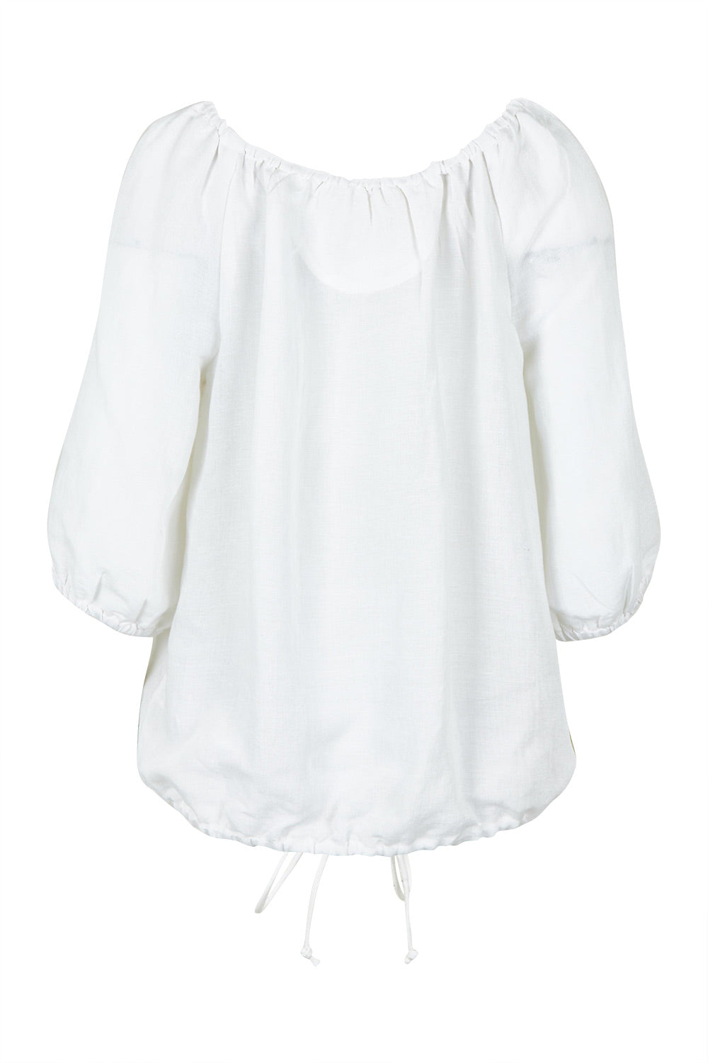 Product shot of the Gather Neck 3/4 Sleeve Linen Blend Top in colour White (White), from the back