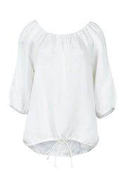 Product shot of the Gather Neck 3/4 Sleeve Linen Blend Top in colour White (White), from the front