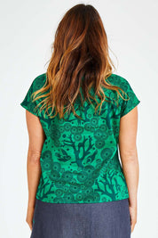 Model Laura wearing size L of the Mikko Tilly Top in colour Emerald (Green), from the back