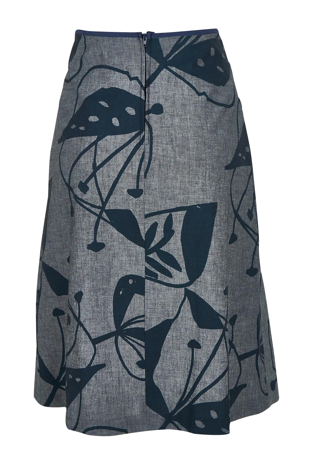 Product shot of the Avril Long Cotton Skirt in colour Chambray (Grey), from the back