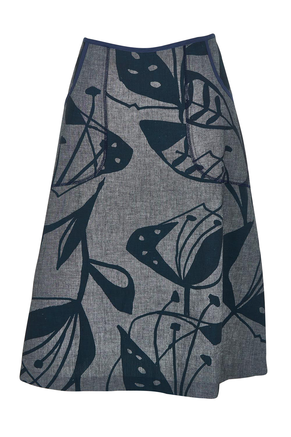 Product shot of the Avril Long Cotton Skirt in colour Chambray (Grey), from the front