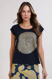 Model Madelinec wearing size 10 of the Bobby Top - Navy in colour Navy, in a cropped view