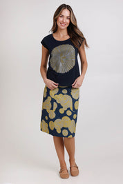 Model Madelinec wearing size 10 of the Bobby Top - Navy in colour Navy, from the front