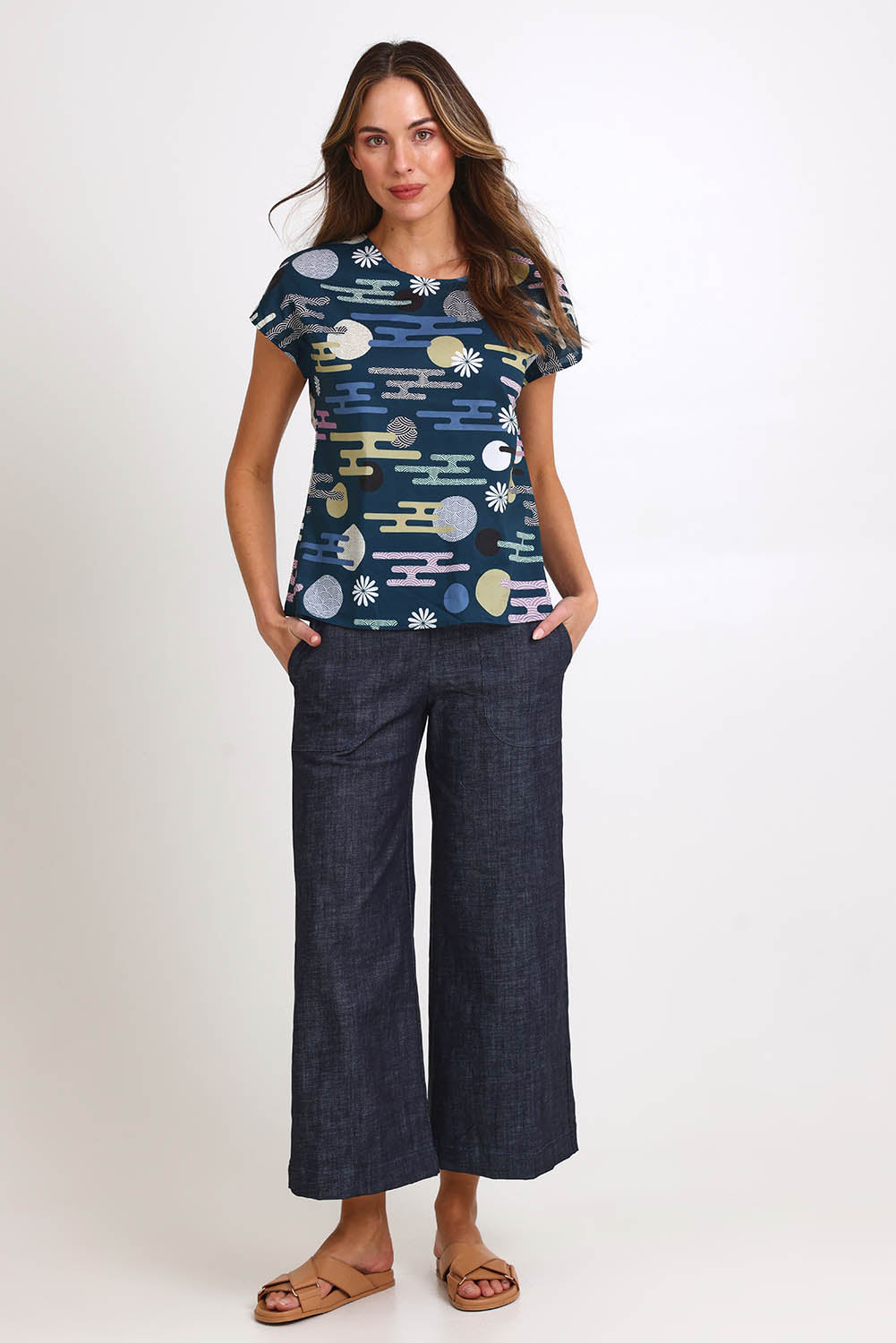Model Madelinec wearing size 10 of the Tilly Top - Cloudblue in colour Cloudblue, from the front
