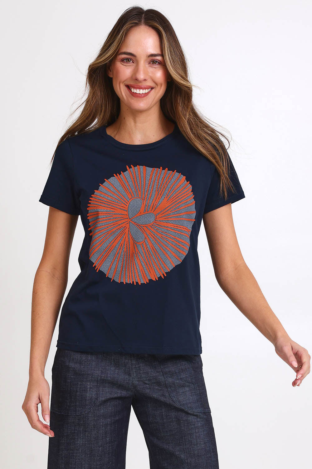 Model Madelinec wearing size 10 of the Girlfriend Tee - Navyorange in colour Navyorange, in a cropped view