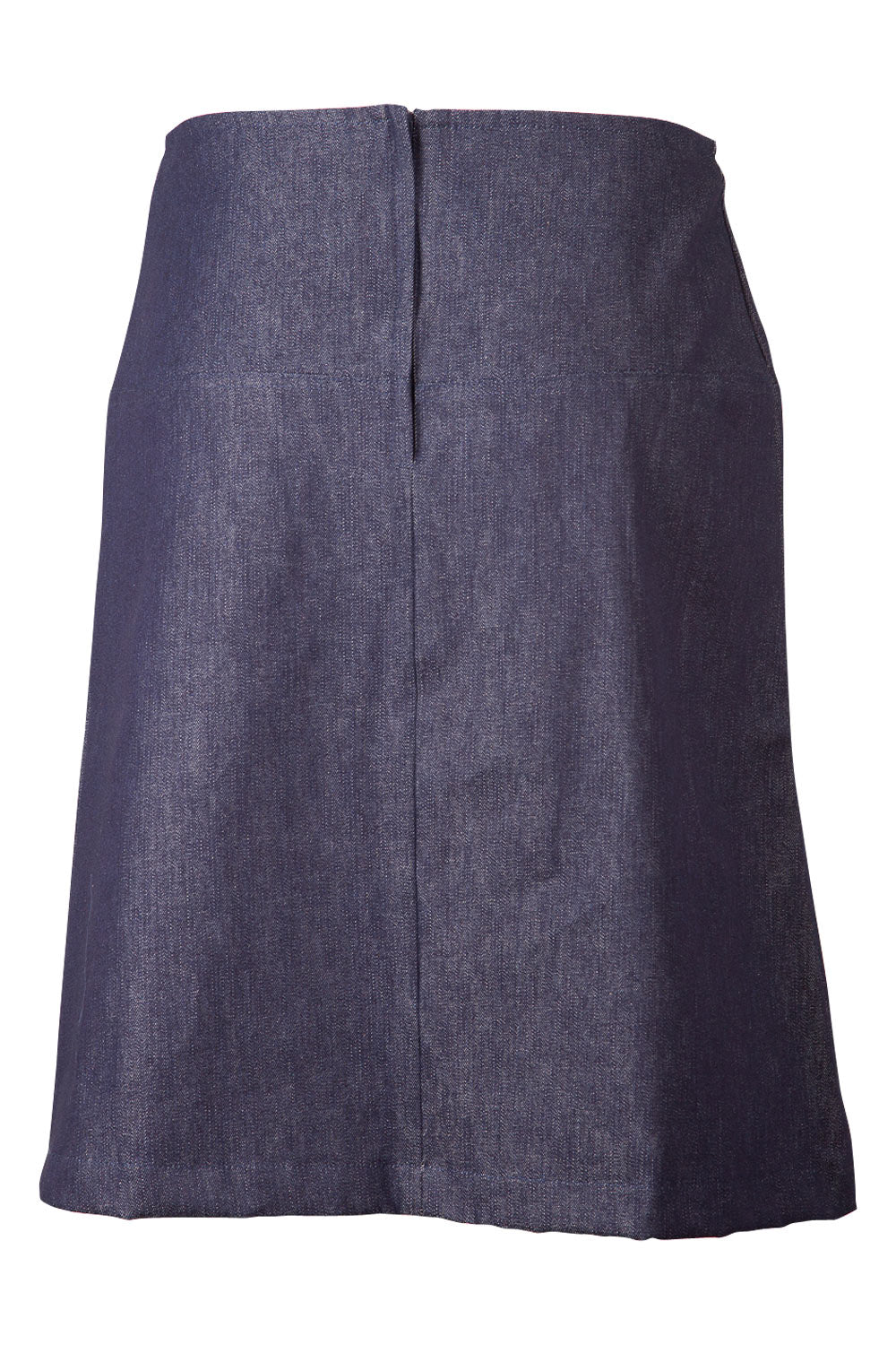 Product shot of the 2 Birds Denim Skirt in colour PuttyDenim (Blue), from the back