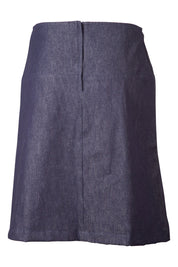 Product shot of the 2 Birds Denim Skirt in colour PuttyDenim (Blue), from the back