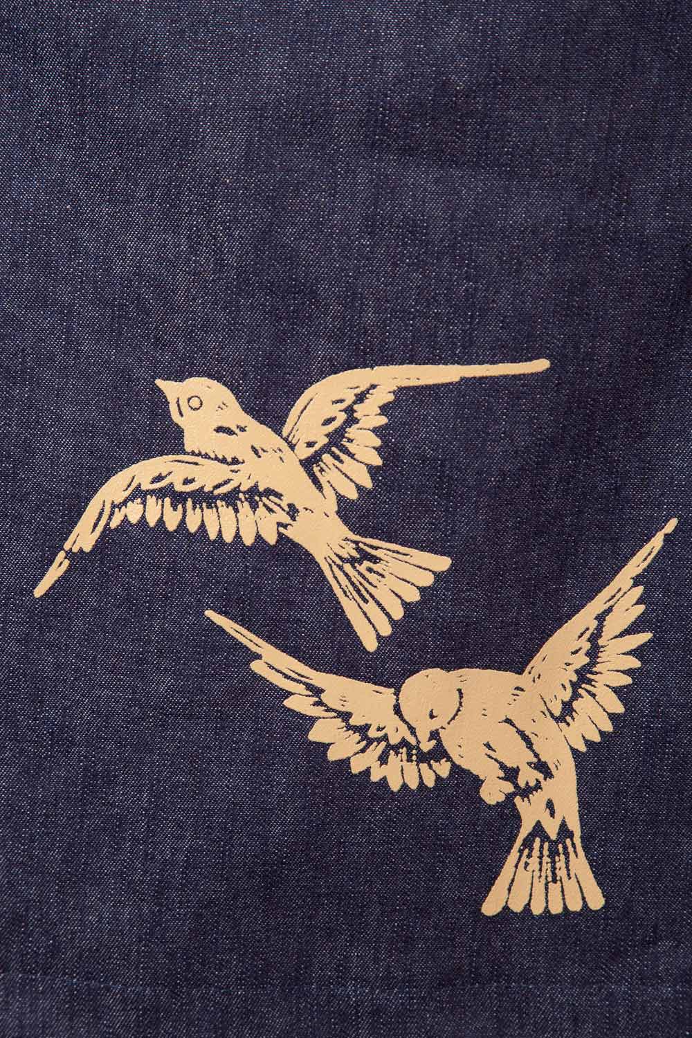 Product shot of the 2 Birds Denim Skirt in colour PuttyDenim (Blue), detail
