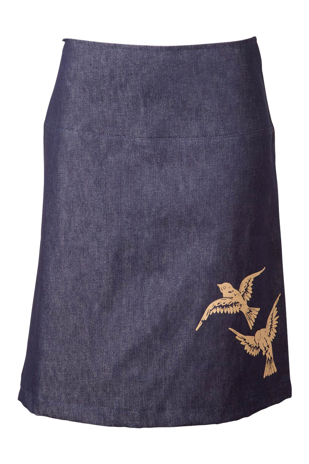 Product shot of the 2 Birds Denim Skirt in colour PuttyDenim (Blue), from the front
