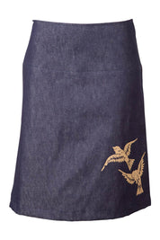 Product shot of the 2 Birds Denim Skirt in colour PuttyDenim (Blue), from the front