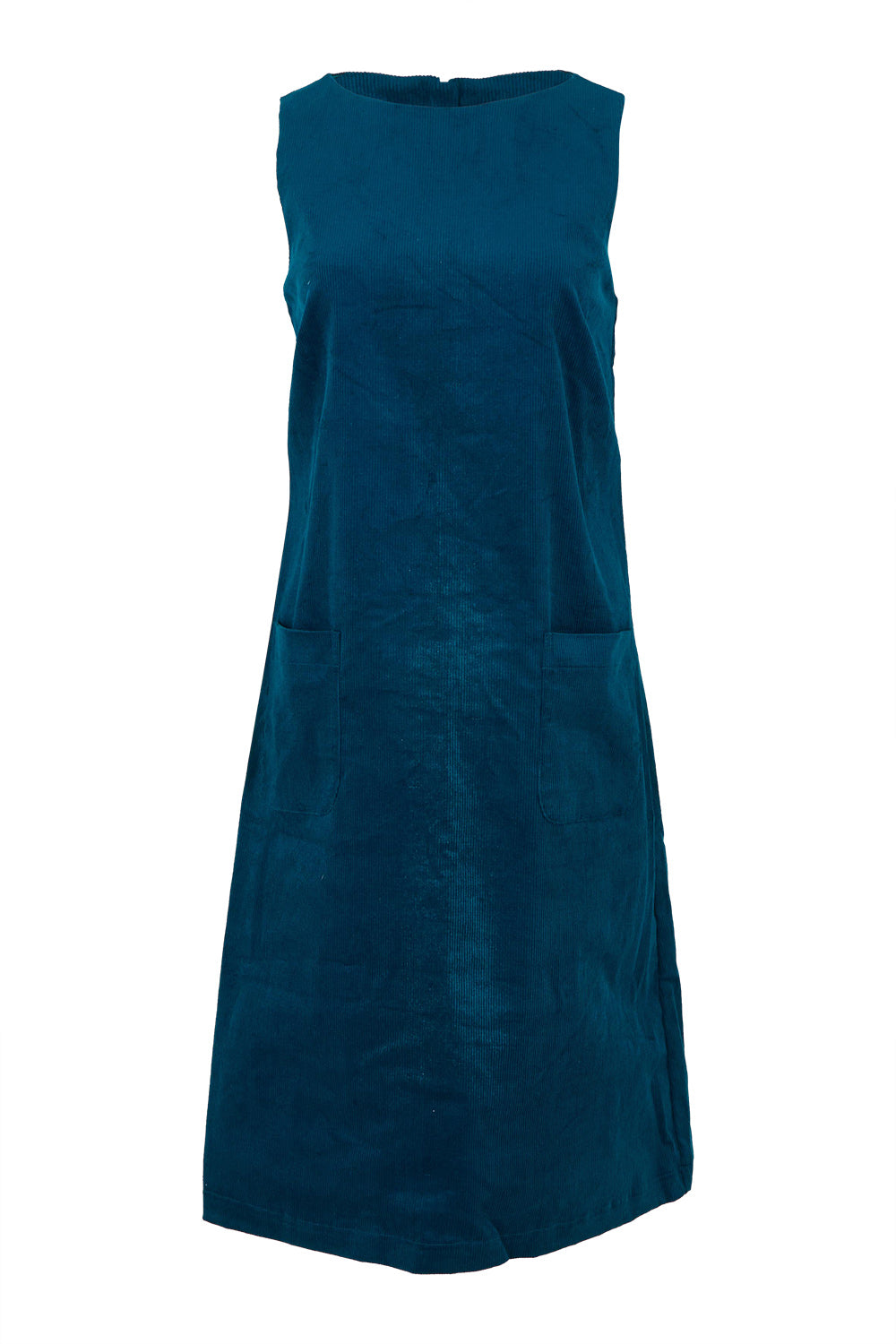 Product shot of the Corduroy Susie Dress in colour Teal (Blue), from the front