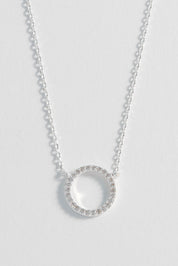 Product shot of the Circle Pave Necklace in colour Silver (Metallics), detail