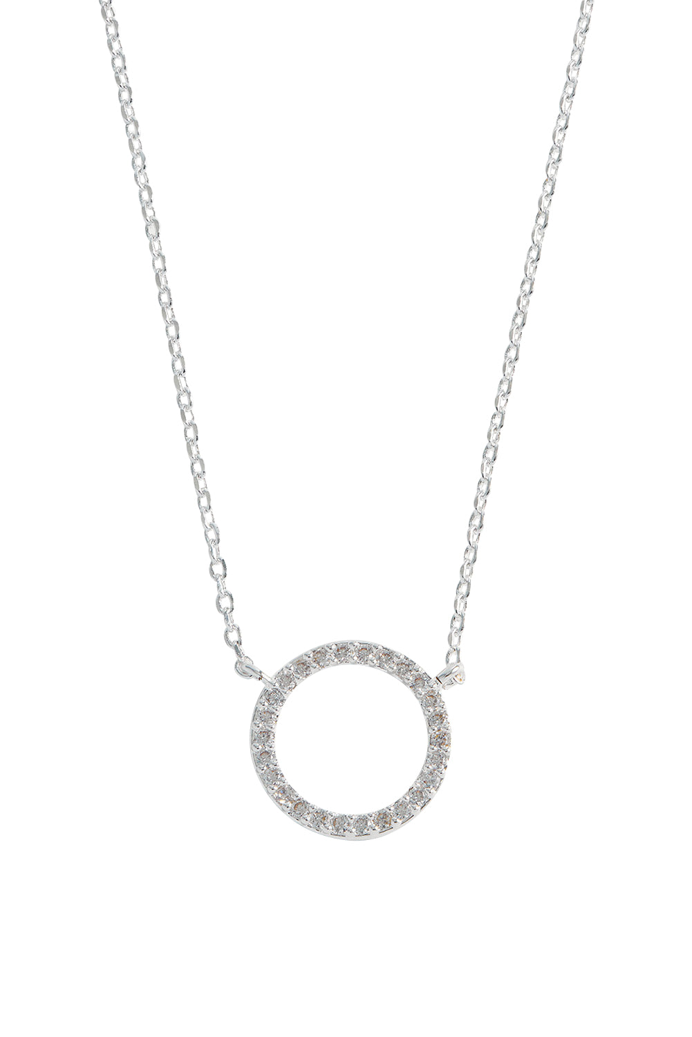 Product shot of the Circle Pave Necklace in colour Silver (Metallics), from the front