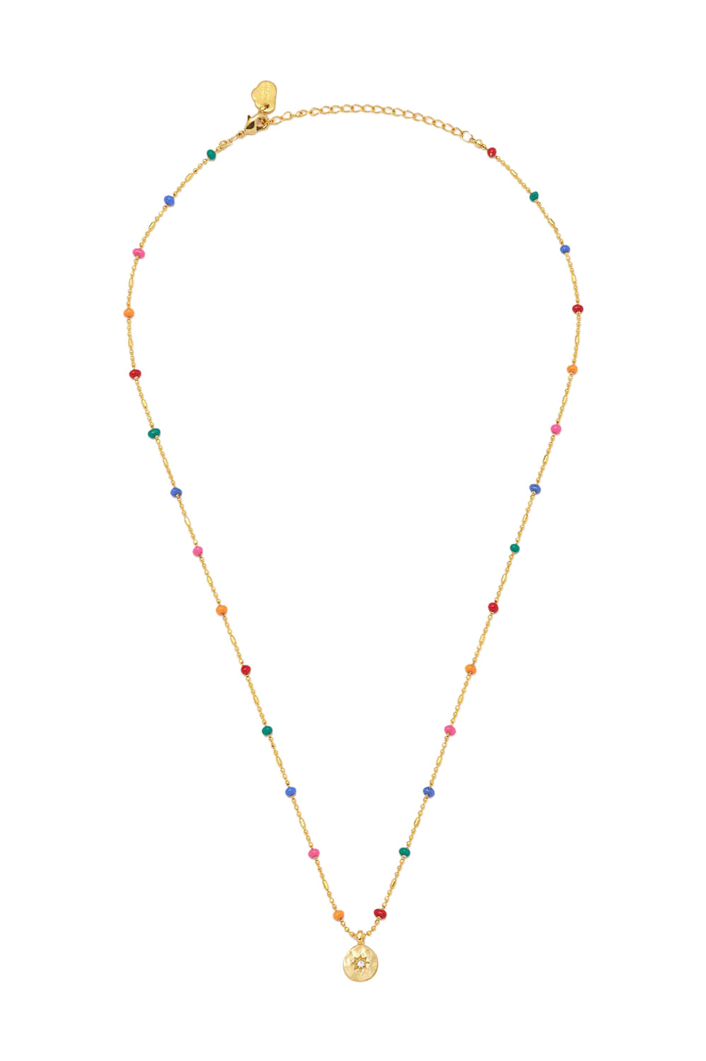 Product shot of the Beaded Rainbow Necklace in colour Gold (Metallics), from the front