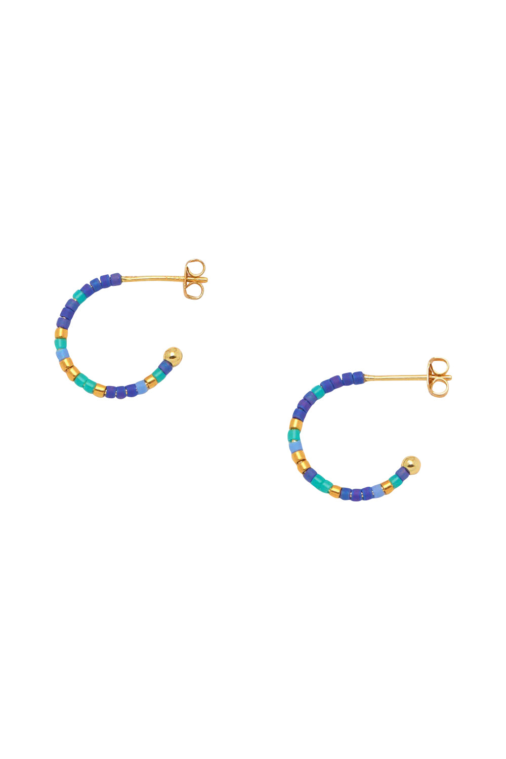 Product shot of the Night Sky Beaded Hoop Earring in colour Bluegold (Blue), from the front