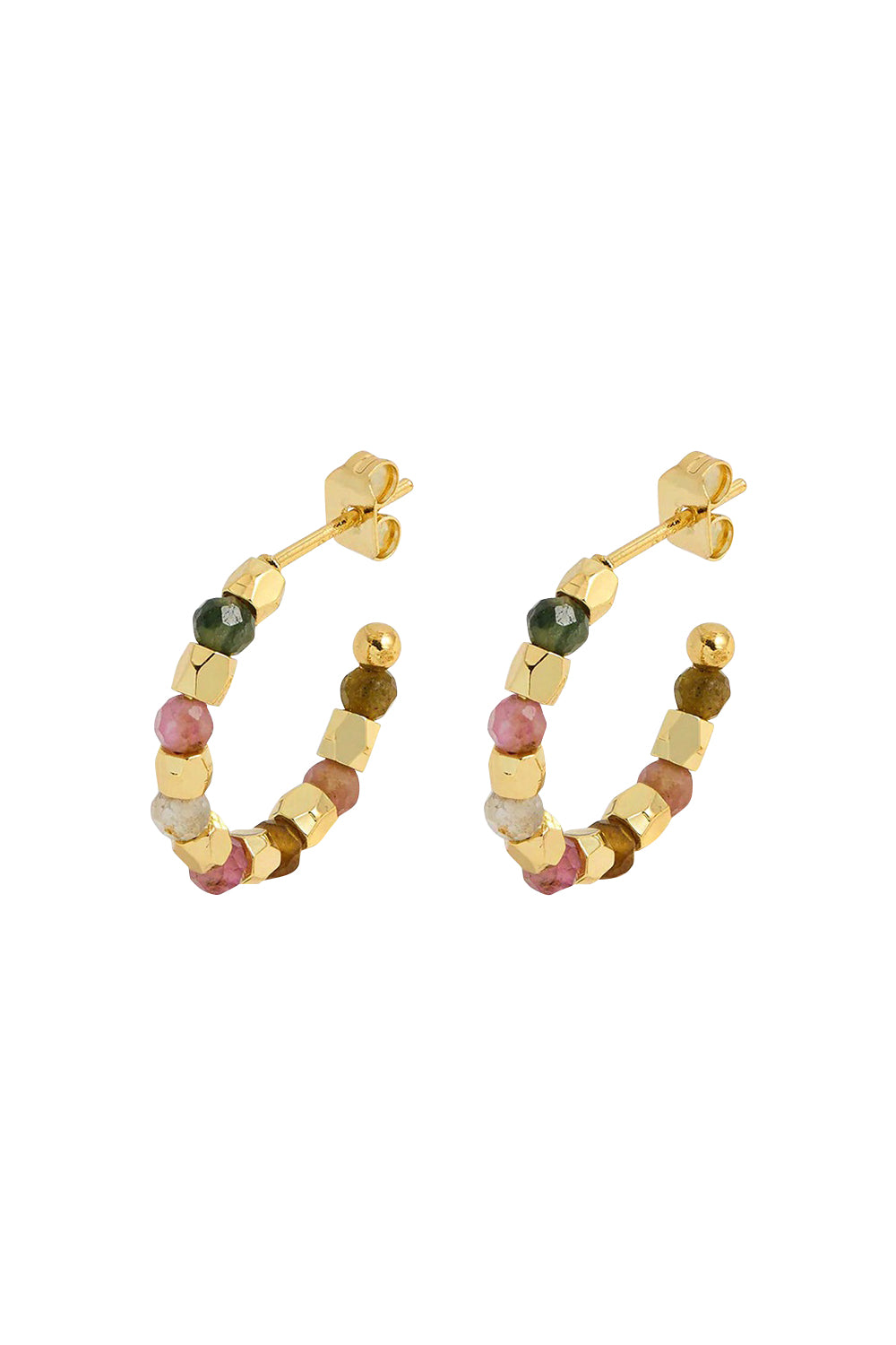 Product shot of the Coco And Tourmaline Hoop Earrings in colour Gold (Metallics), from the front
