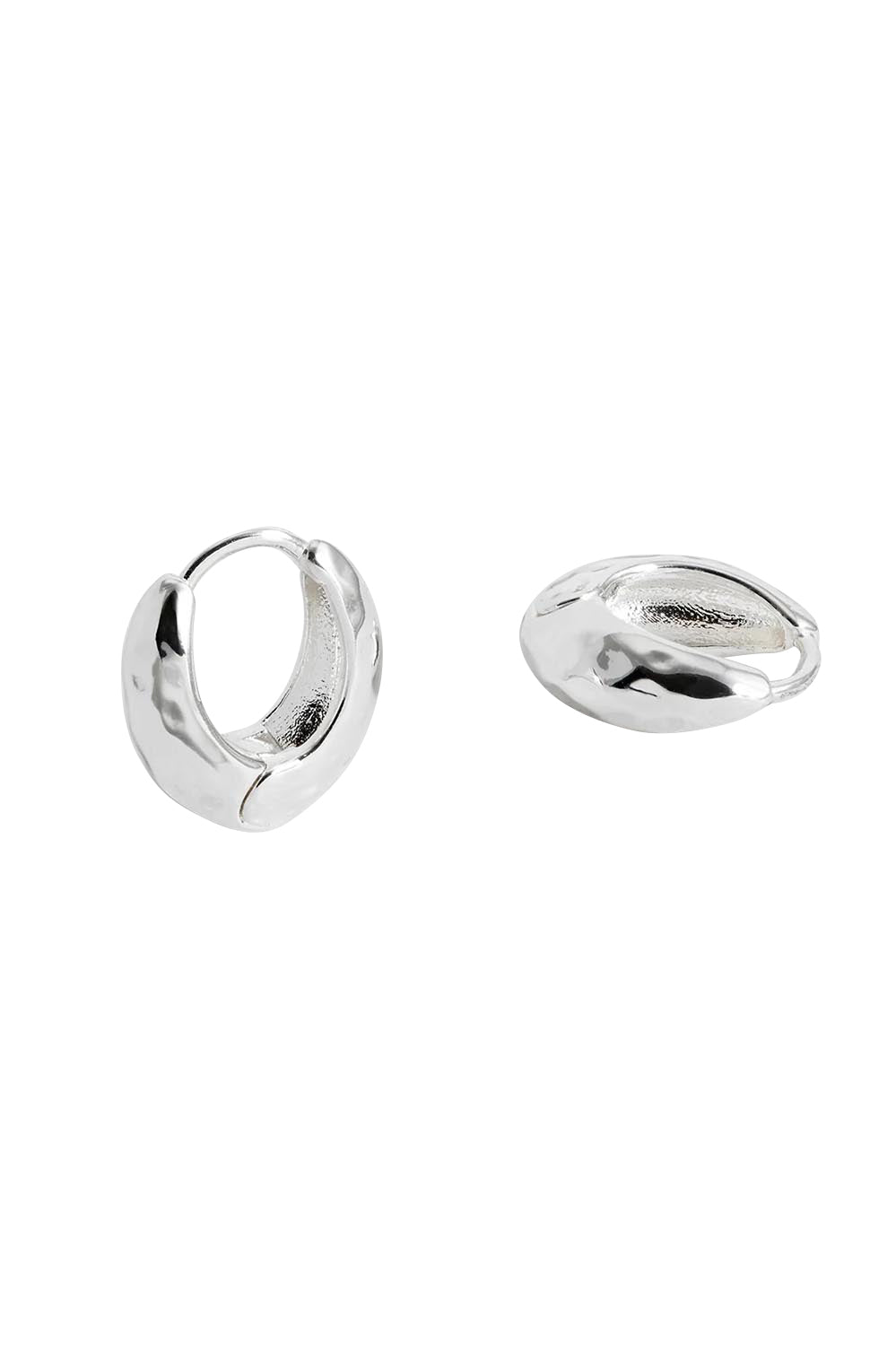 Product shot of the Hammered Huggie Hoops – Silver in colour Silver, from the back