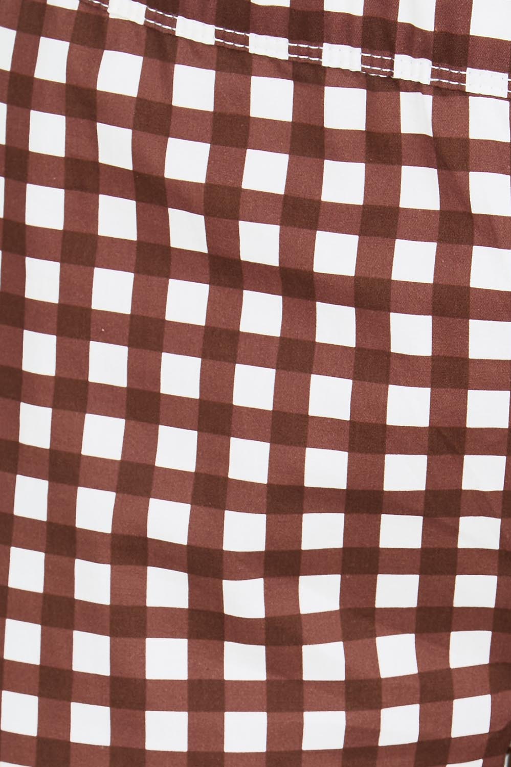Product shot of the Fuss Free Cotton Blend Taper Capri Trapeze Pant – Checkit in colour Checkit, showing detail