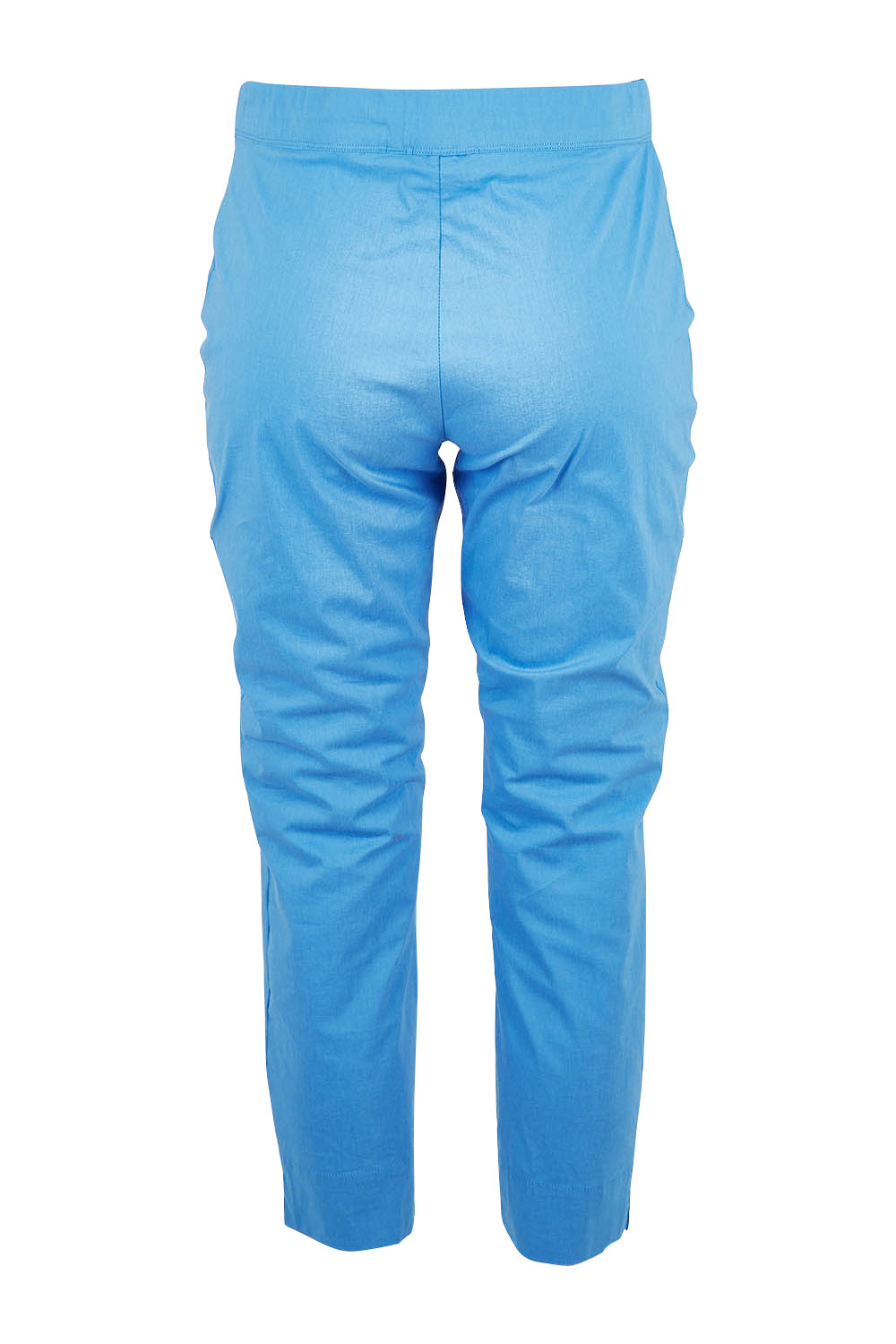 Product shot of the Fuss Free Cotton Blend 7/8 Taper Capri in colour Azure (Blue), from the back