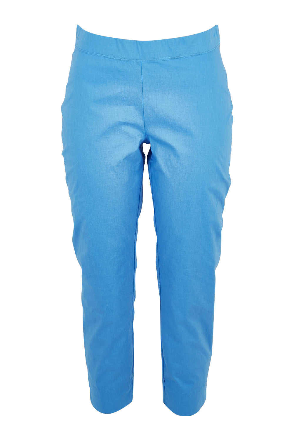 Product shot of the Fuss Free Cotton Blend 7/8 Taper Capri in colour Azure (Blue), from the front