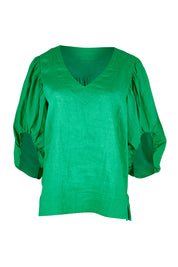 Product shot of the Blow Me Away Linen Top in colour Jade (Green), from the front