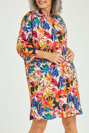Model Luisa wearing size 10 of the Natural Abilities Linen Dress in colour Chelsea (Blue), from the front, cropped image