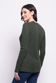 A model wearing the Holy Cowl Wool Top in colour Moss (Green), from the back
