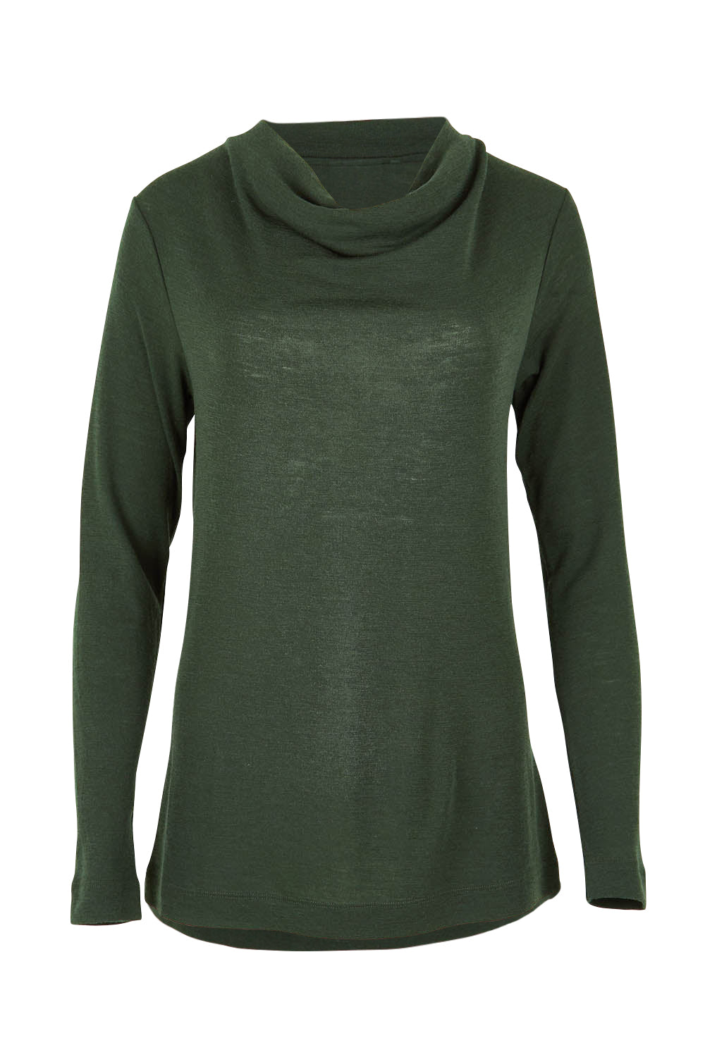 Product shot of the Holy Cowl Wool Top in colour Moss (Green), from the front