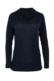 Product shot of the Holy Cowl Wool Top in colour Navy (Blue), from the front