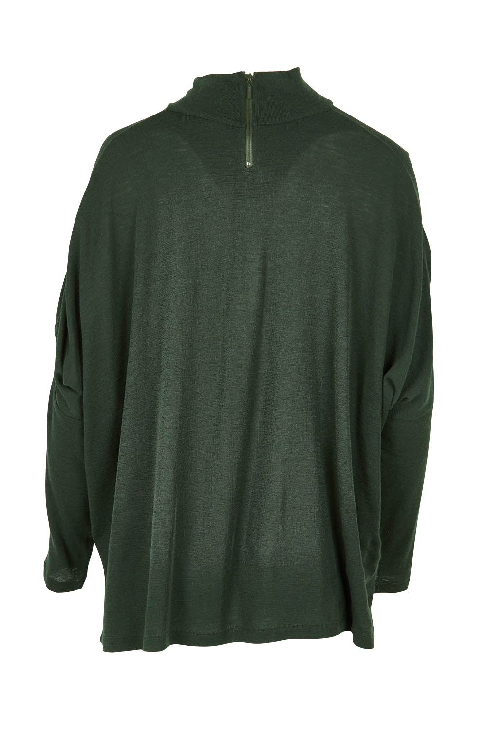 Product shot of the Merino Raisin The Baa Sweater in colour Moss (Green), from the back