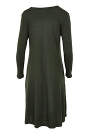 Product shot of the Merino Shear Delight Dress in colour Moss (Green), from the back