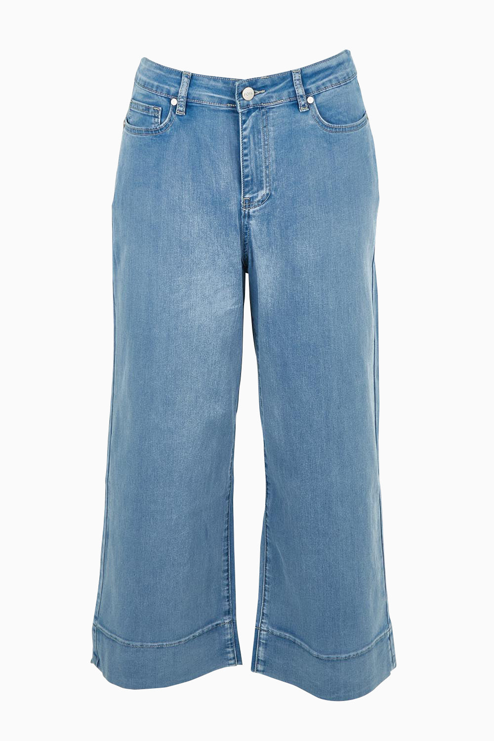 Product shot of the Jean Queen Crop in colour Bluewash (Blue), from the front