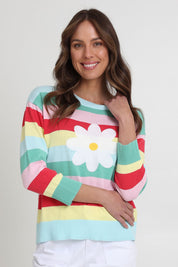 Model Madeline wearing size S of the Blooming Cotton Sweater in colour Rainbowstr, from the front, cropped image
