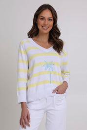 Model Madeline wearing size S of the Coconuts About You Cotton Sweater in colour Sherbetstr (White), from the front, cropped image