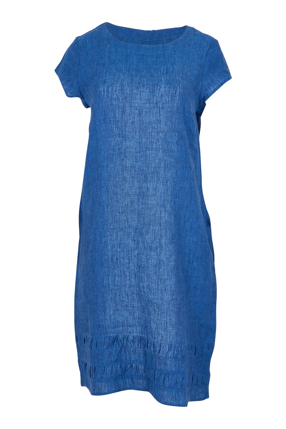 Product shot of the Crowd Pleaser Linen Dress in colour Capri (Blue), from the front
