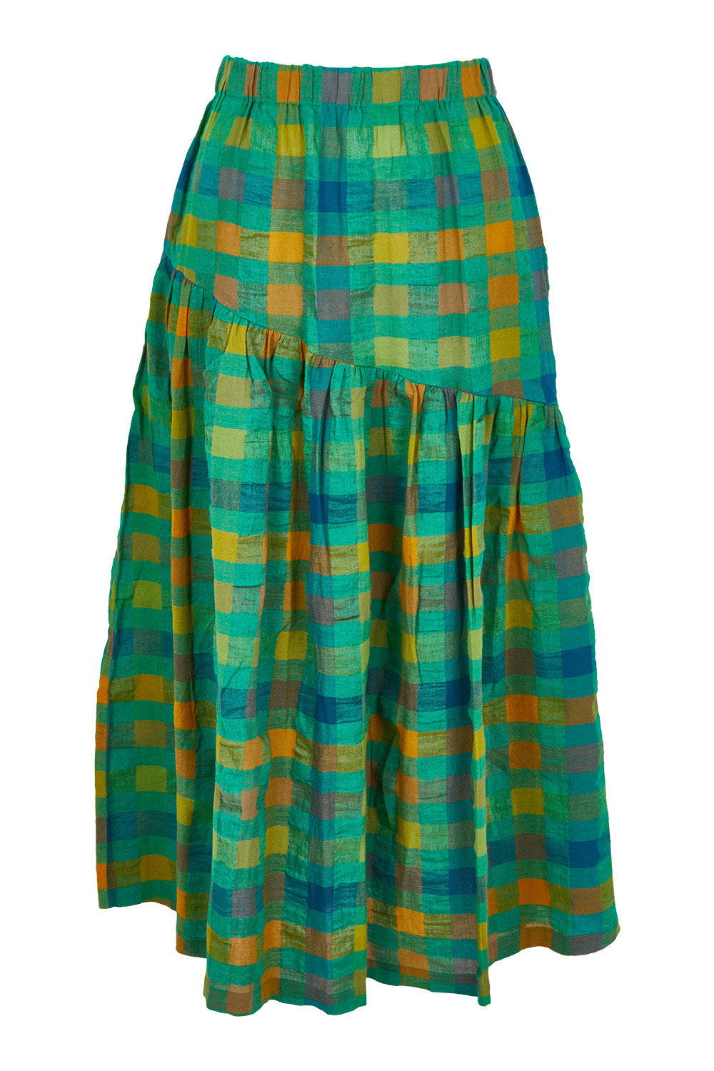 Product shot of the Checkmate Cotton Linen Skirt in colour Greencheck (Green), from the back