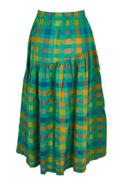 Product shot of the Checkmate Cotton Linen Skirt in colour Greencheck (Green), from the front