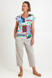 Model Riinar wearing size 10 of the Pump It Up Pant – Barley in colour Barley, from the front