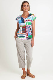 Model Riinar wearing size 10 of the Pump It Up Pant – Barley in colour Barley, from the front