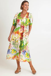 Model Riinar wearing size 10 of the Empire Ly Yours Dress – Enchanted in colour Enchanted, from the front
