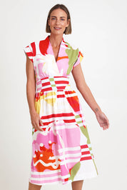 Model Riinar wearing size 10 of the Gifted Dress – Podium in colour Podium, in a cropped view