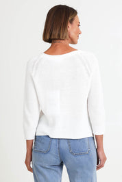 Model Riinar wearing size 10 of the Loop Me In Sweater – Vanilla in colour Vanilla, from the back