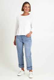 Model Riinar wearing size 10 of the Loop Me In Sweater – Vanilla in colour Vanilla, from the front