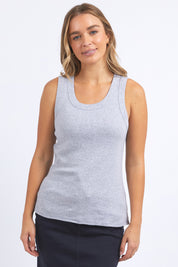 A model wearing the Esme Cotton Tank in colour Greymarle (Grey), from the front, cropped image