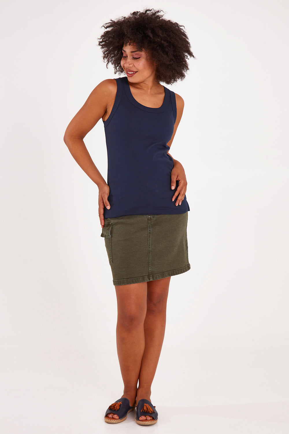 Model Olivia wearing size 10 of the Esme Cotton Tank in colour Sapphire (Blue), from the front, showing the whole outfit