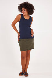 Model Olivia wearing size 10 of the Esme Cotton Tank in colour Sapphire (Blue), from the front, showing the whole outfit