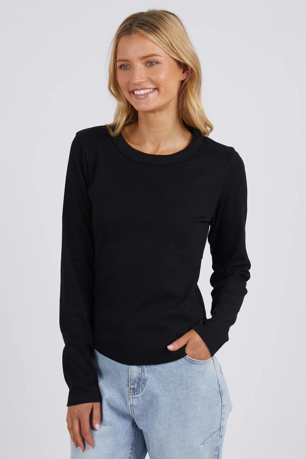 A model wearing the Elements Scoop Rib Cotton Blend  Long Sleeve in colour Black (Black), from the front, cropped image