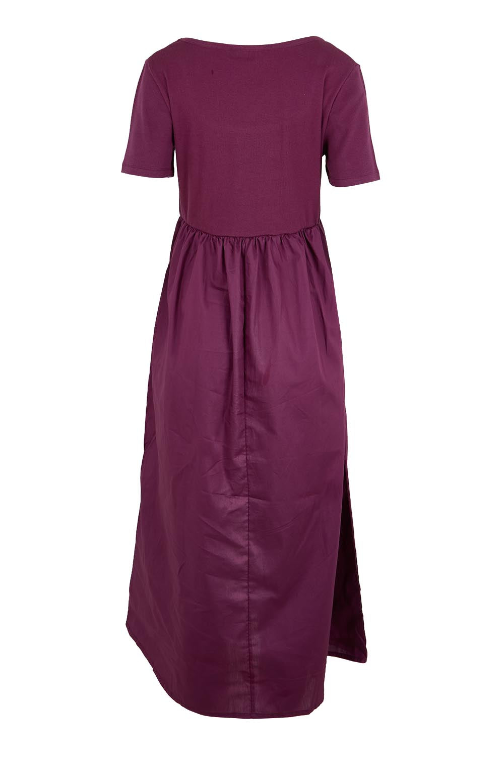 Product shot of the Ella Cotton Dress – Plum in colour Plum, from the back