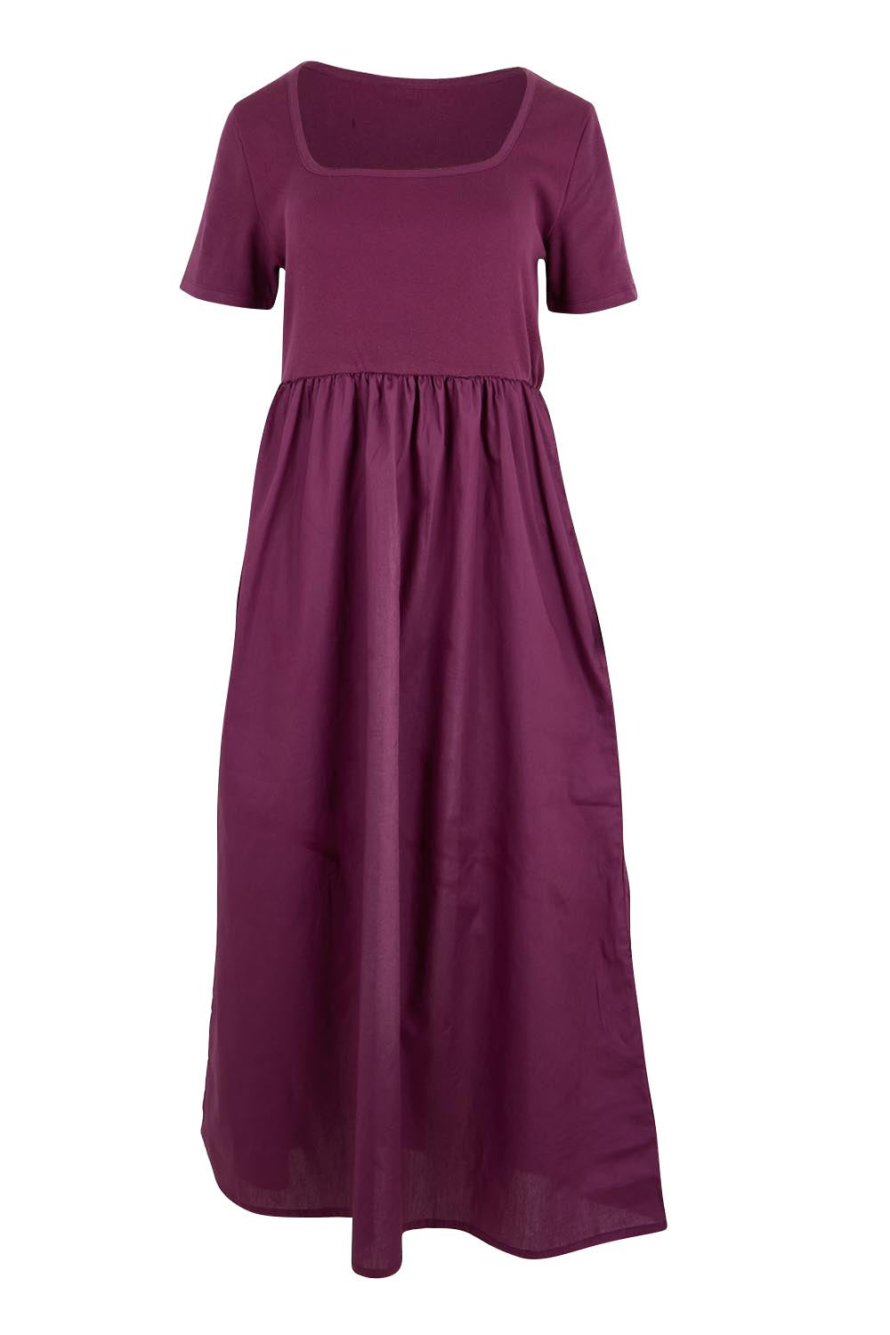 Product shot of the Ella Cotton Dress – Plum in colour Plum, from the front