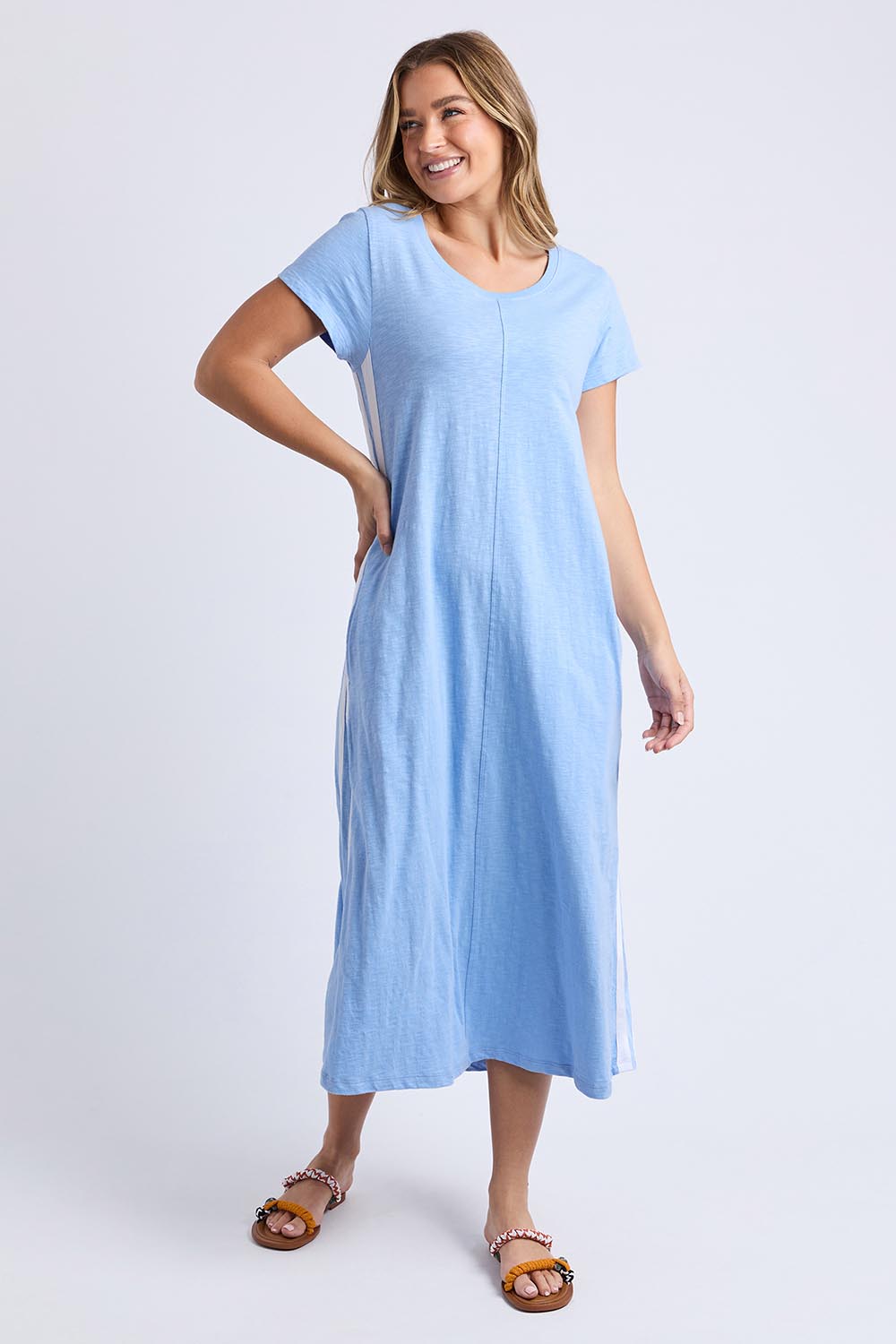 A model wearing the Leisure Recovery Cotton Dress in colour Blue (Blue), from the front, showing the whole outfit